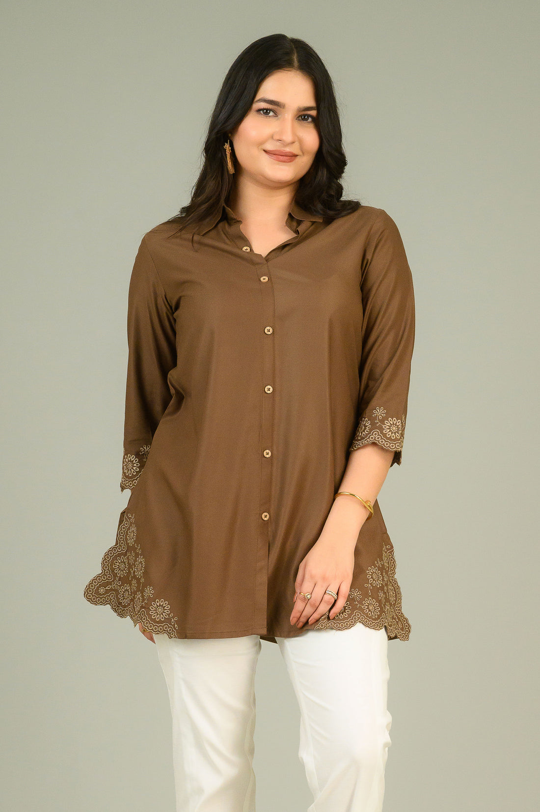 Brown Top with Cutwork Embroidery Details - Etiquette Apparel 