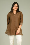 Product Carousel Image 0: Brown Top with Cutwork Embroidery Details
