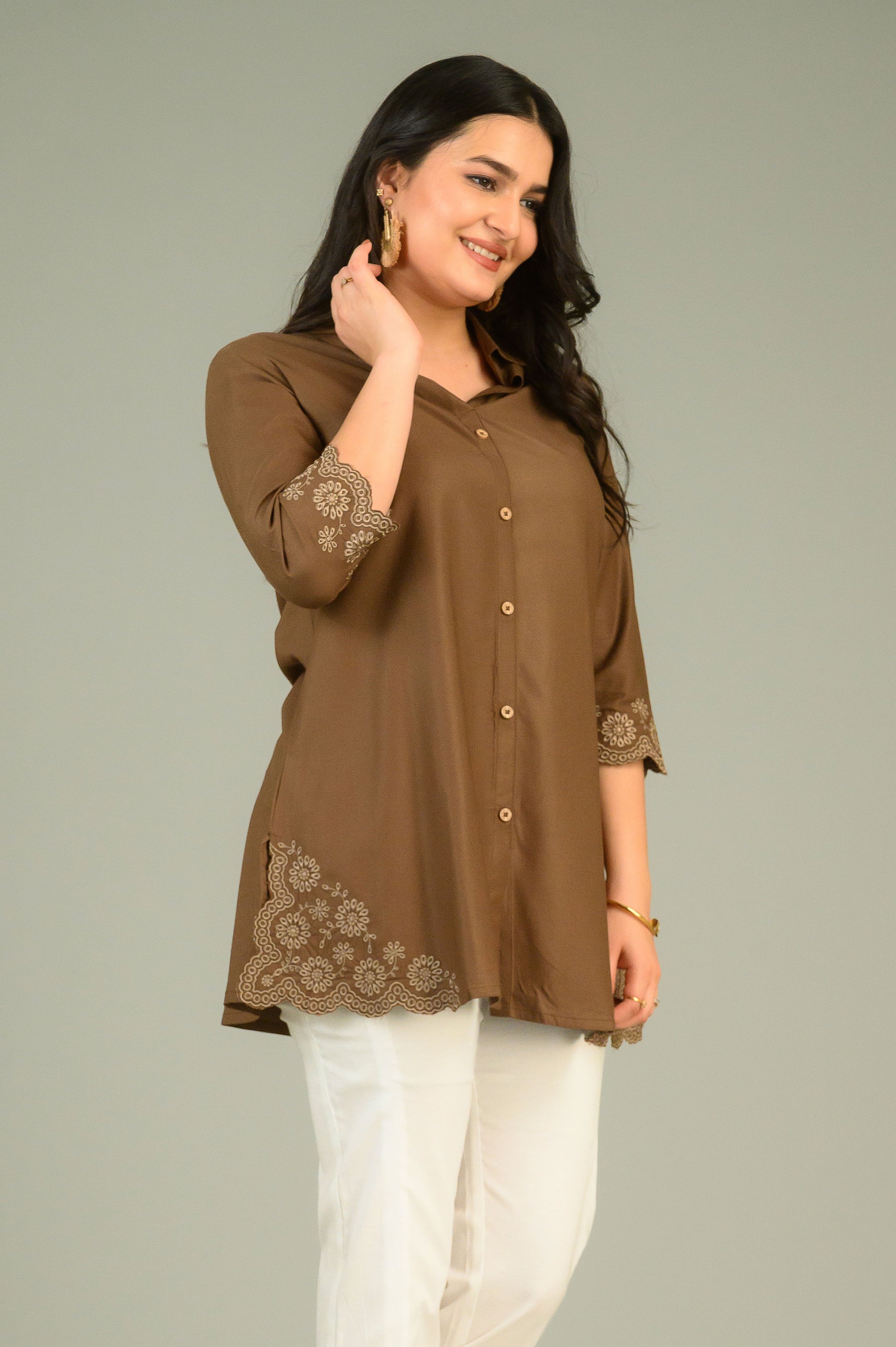 Product Carousel Image 3: Brown Top with Cutwork Embroidery Details
