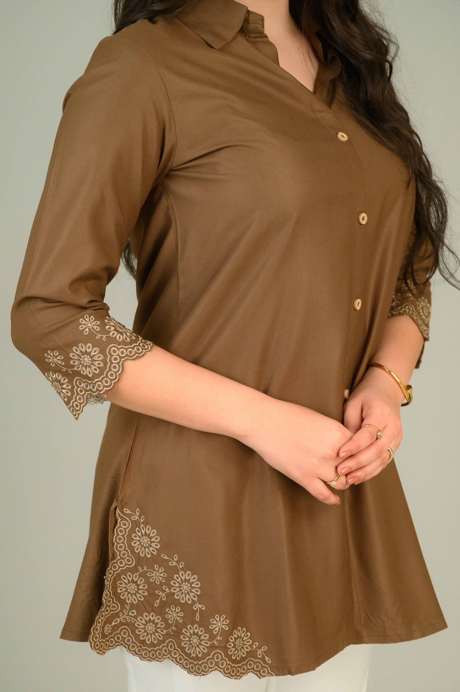 Product Carousel Image 2: Brown Top with Cutwork Embroidery Details