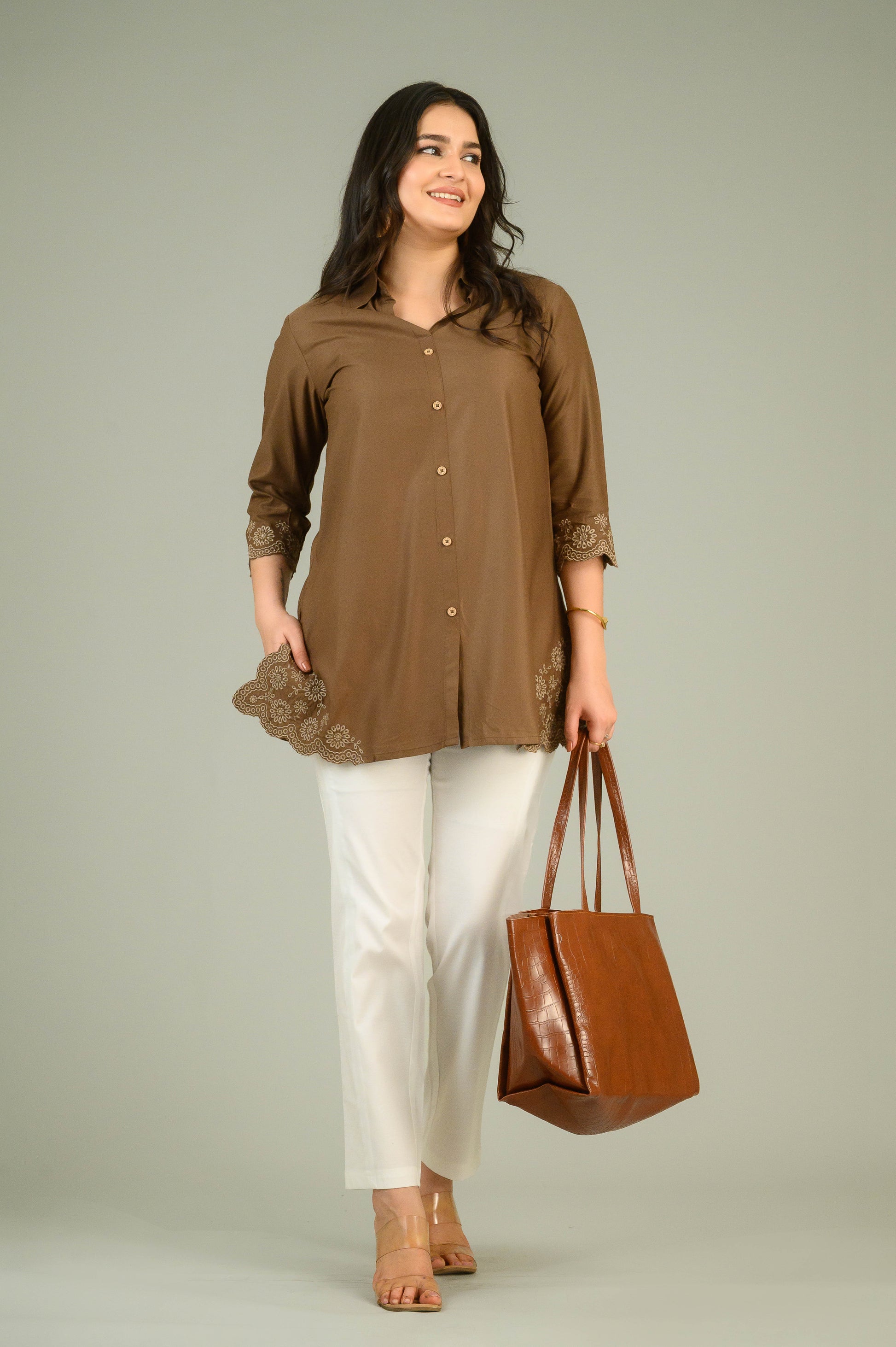 Product Carousel Image 4: Brown Top with Cutwork Embroidery Details