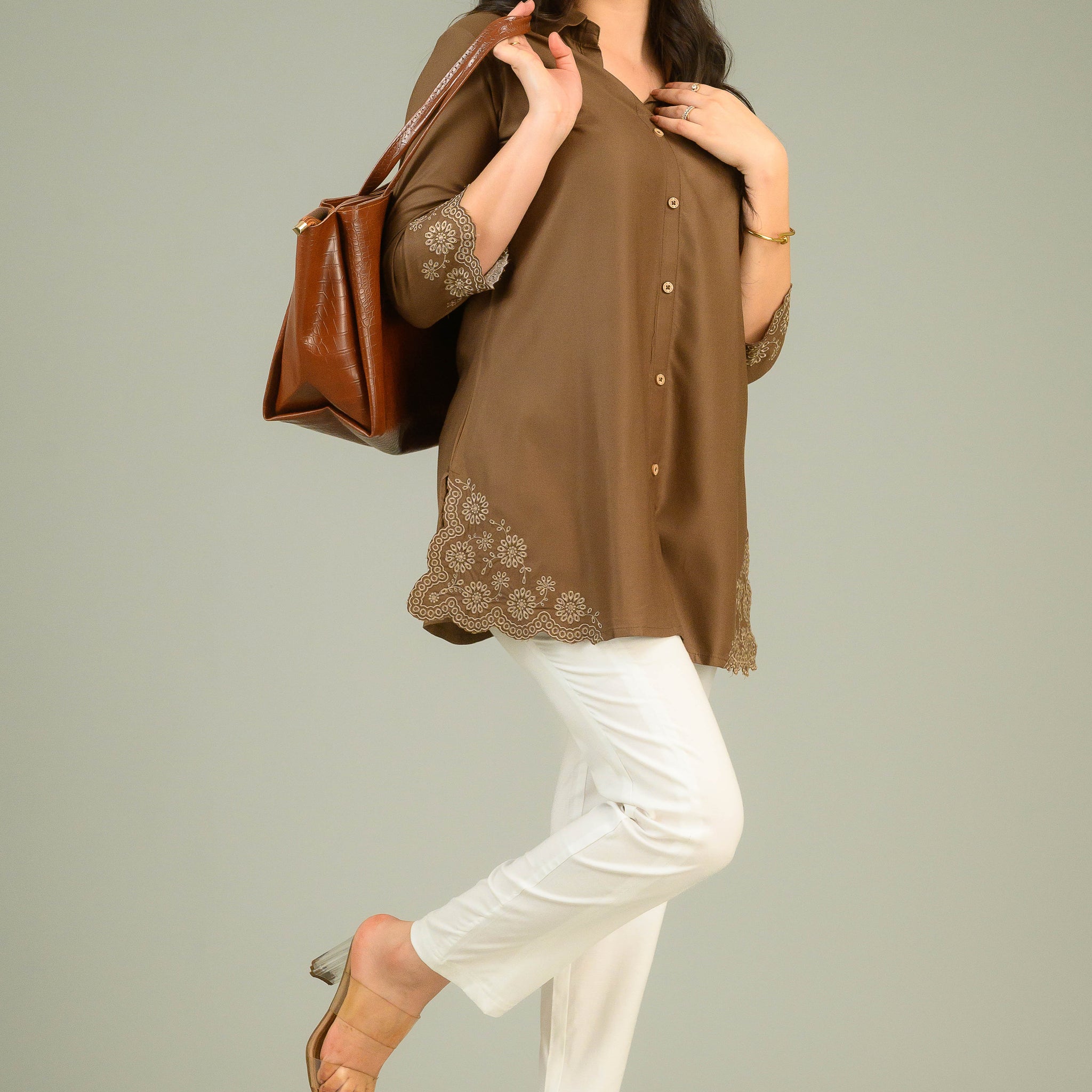 Brown Top with Cutwork Embroidery Details - Etiquette Apparel 