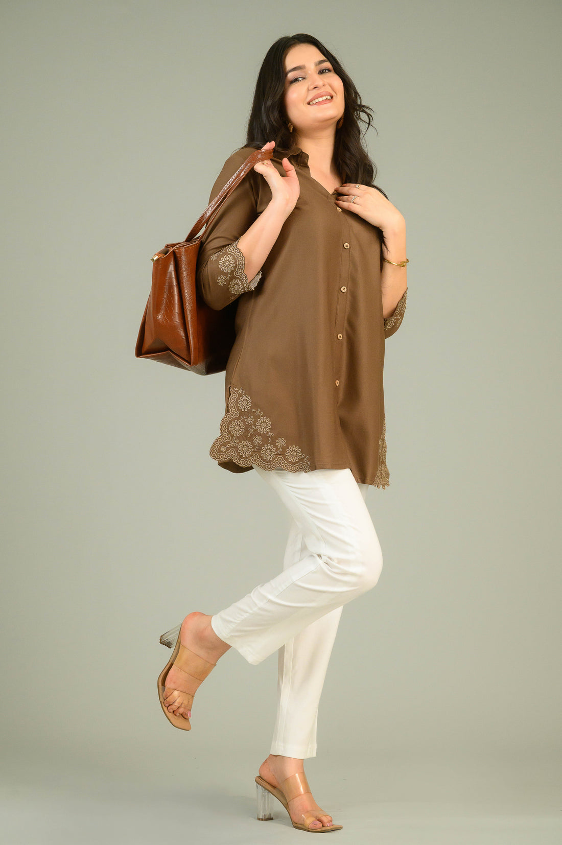 Brown Top with Cutwork Embroidery Details - Etiquette Apparel 