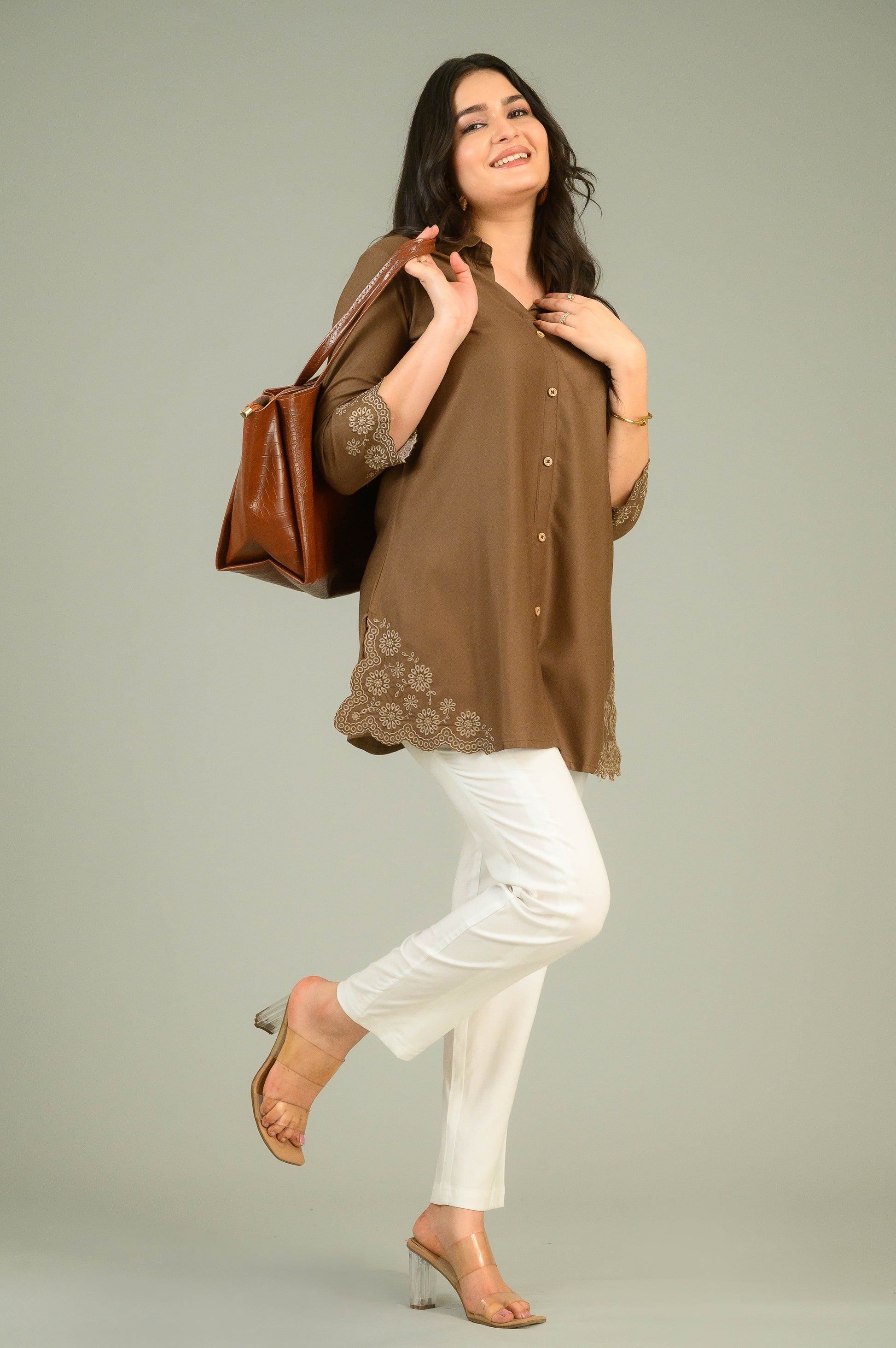 Product Carousel Image 5: Brown Top with Cutwork Embroidery Details
