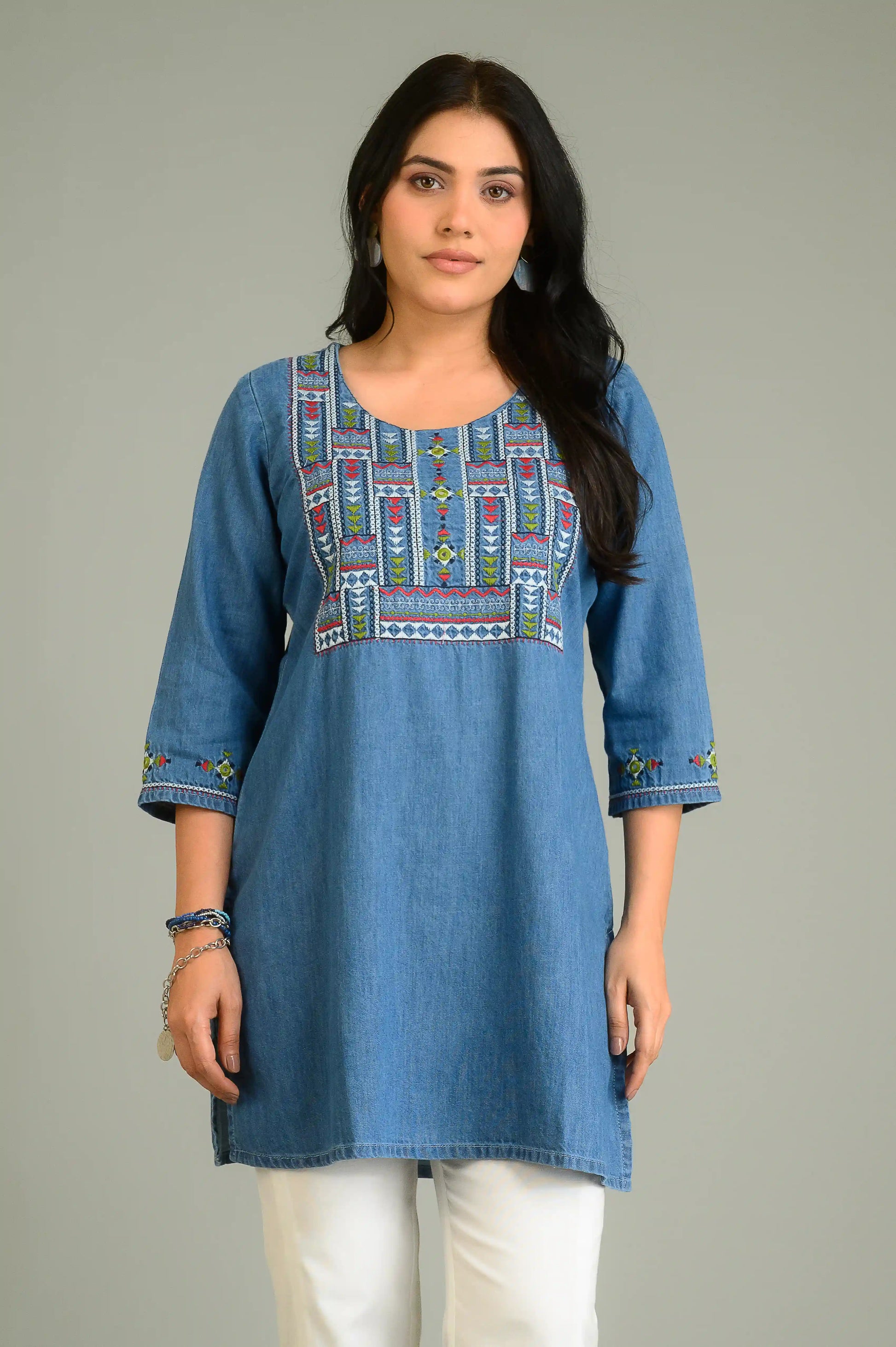 Product Carousel Image 8: Denim Meets Heritage Top