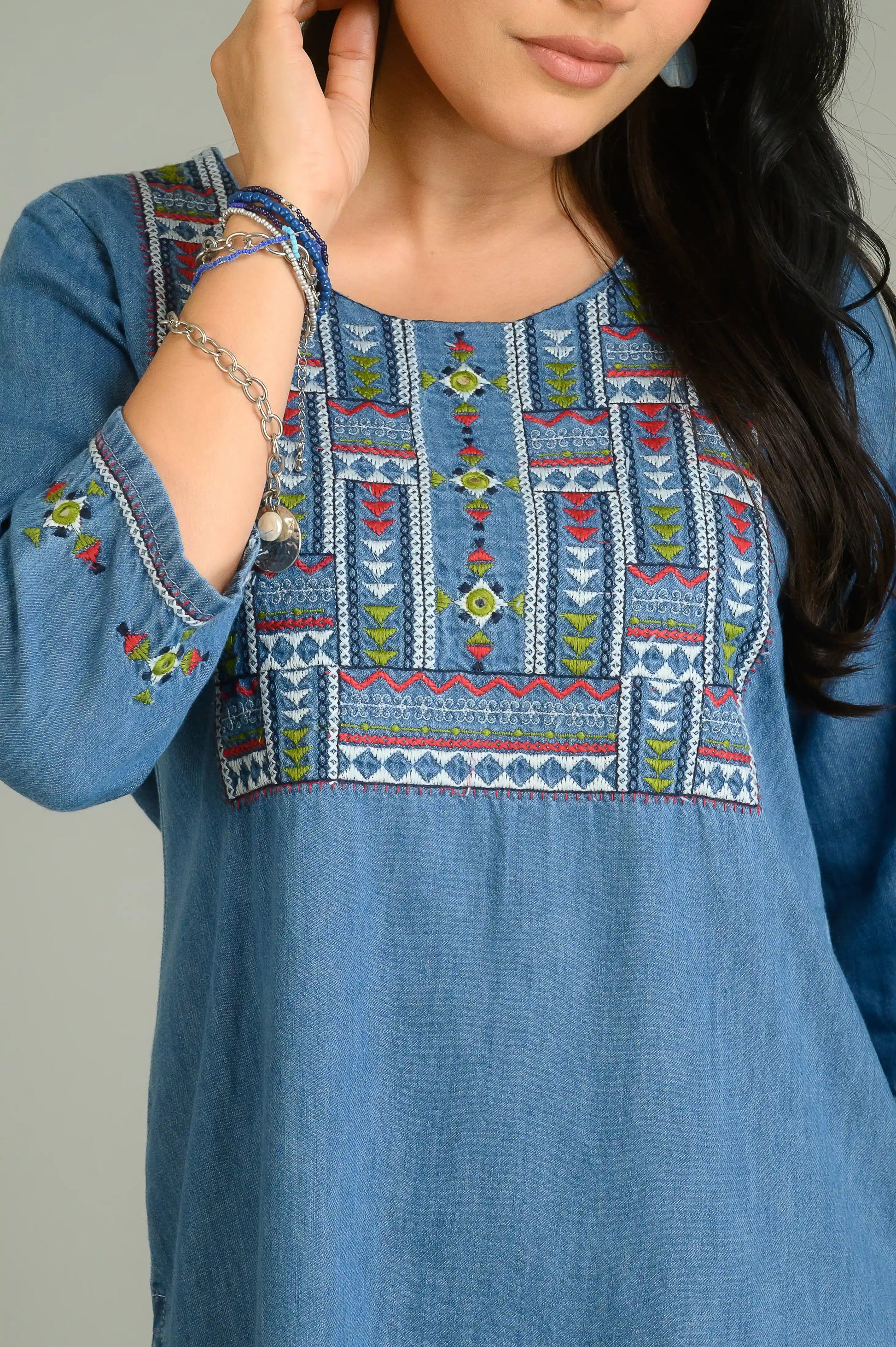 Product Carousel Image 9: Denim Meets Heritage Top