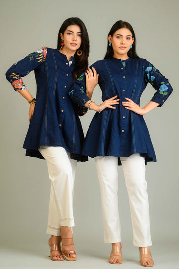 Handpainted Denim Sleeved Top