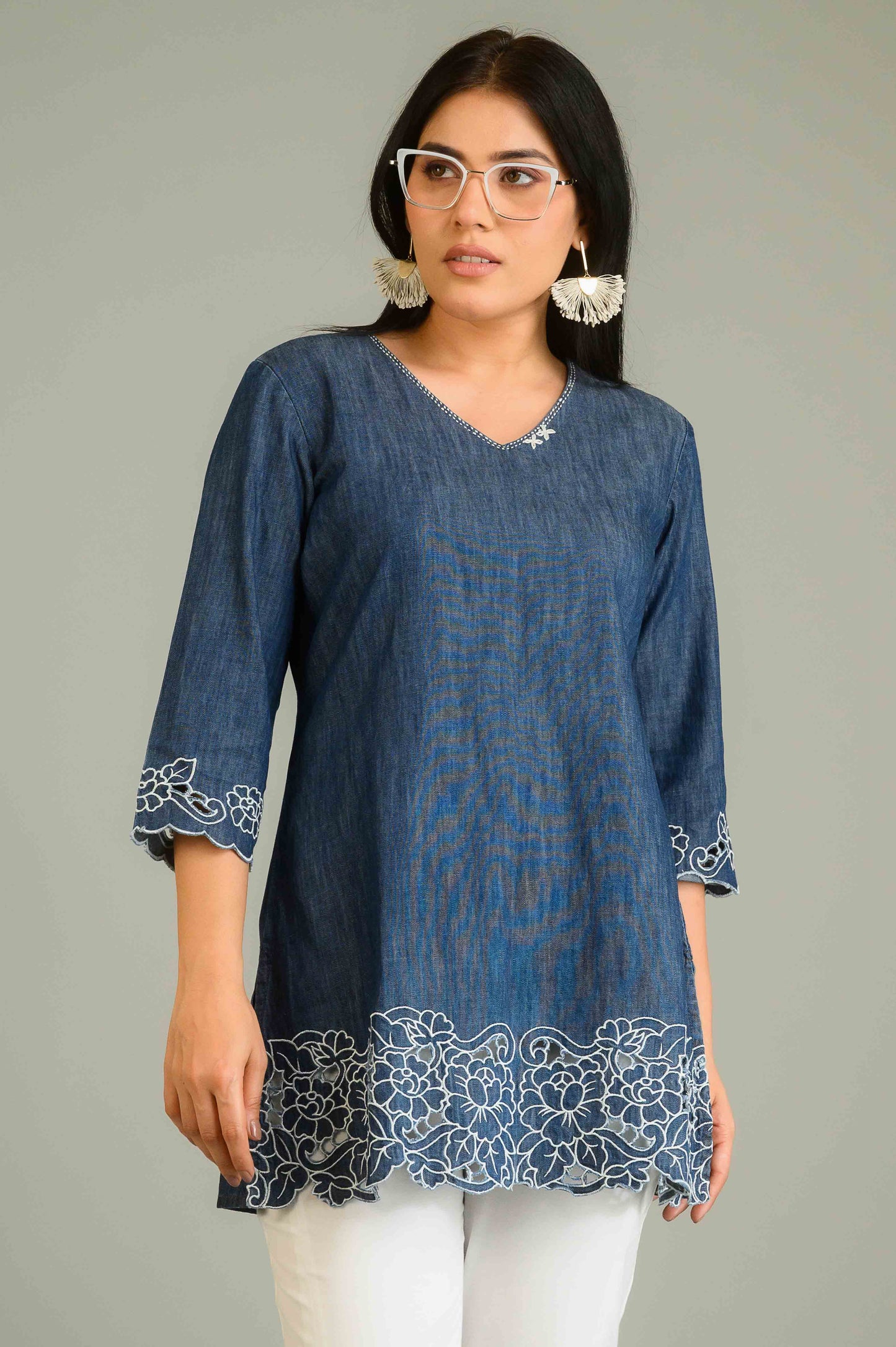 Luxe Denim Cutwork Embroidered Top - Etiquette Apparel