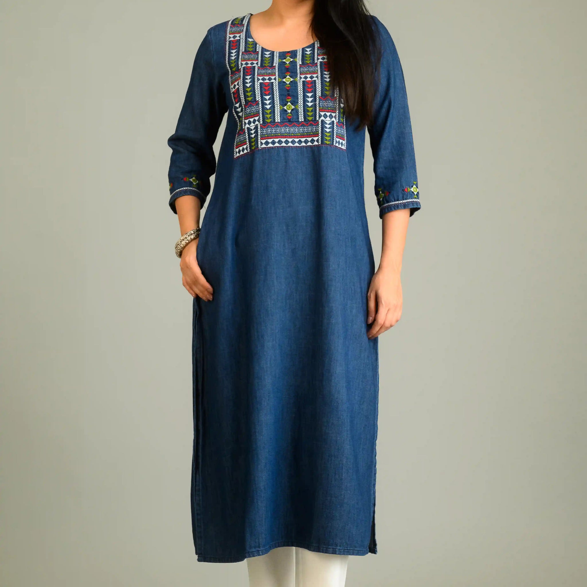 Folk Threads on Blue Top - Etiquette Apparel 
