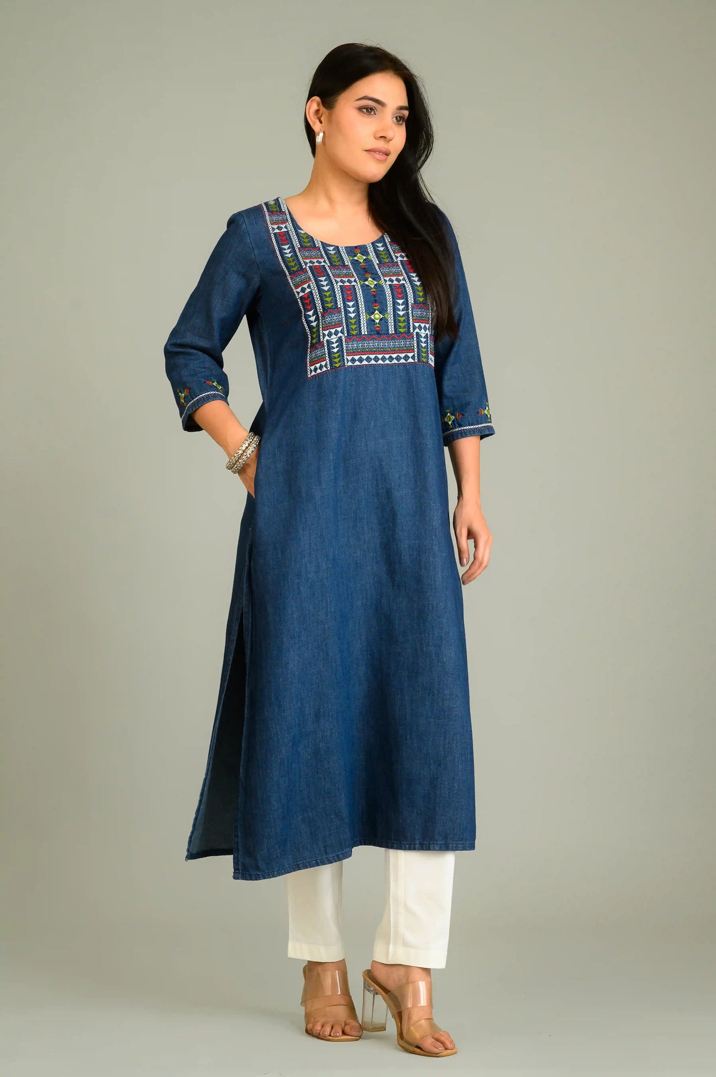 Folk Threads on Blue Top - Etiquette Apparel