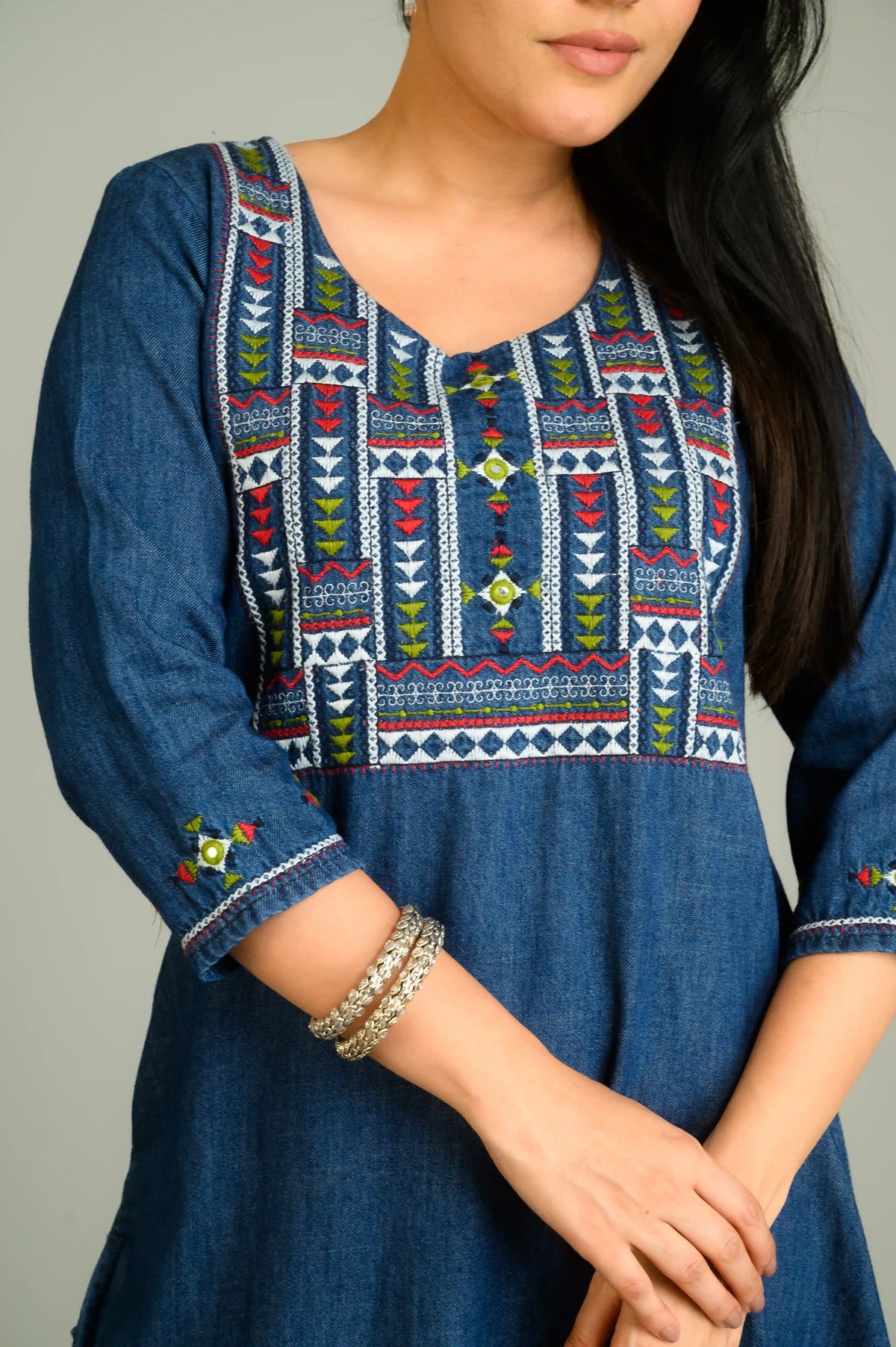 Folk Threads on Blue Top - Etiquette Apparel