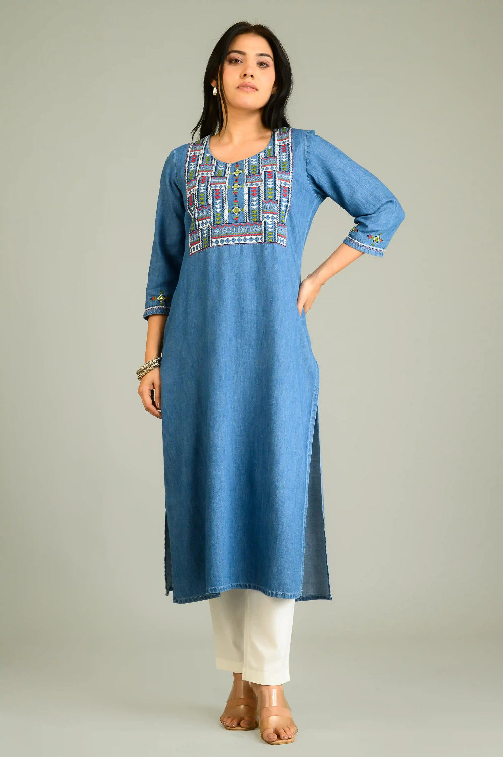 Folk Threads on Blue Top - Etiquette Apparel