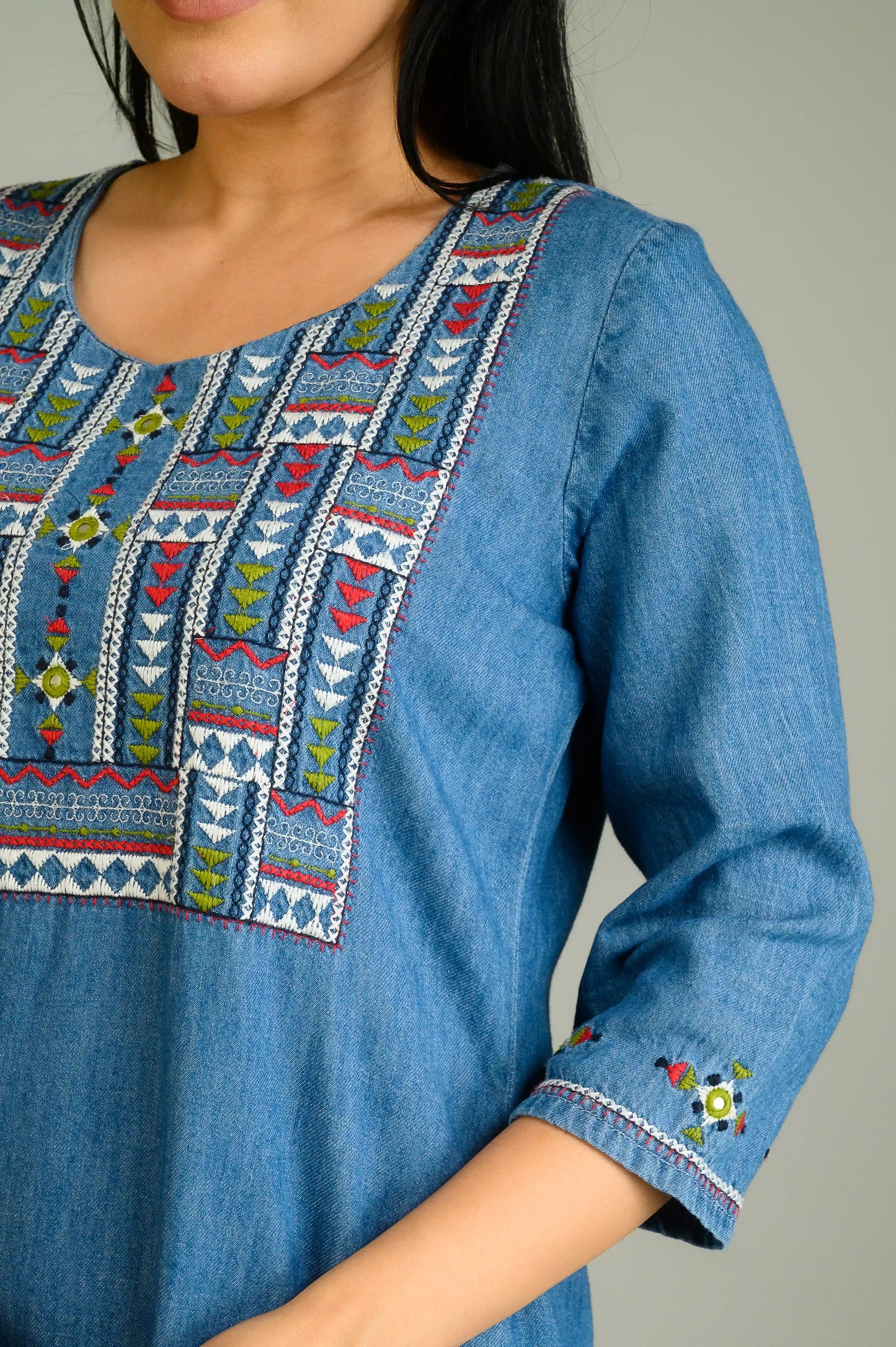 Folk Threads on Blue Top - Etiquette Apparel