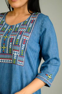 Folk Threads on Blue Top - Etiquette Apparel