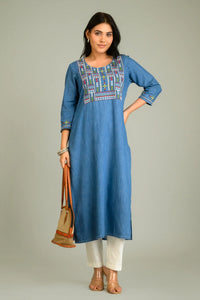Folk Threads on Blue Top - Etiquette Apparel
