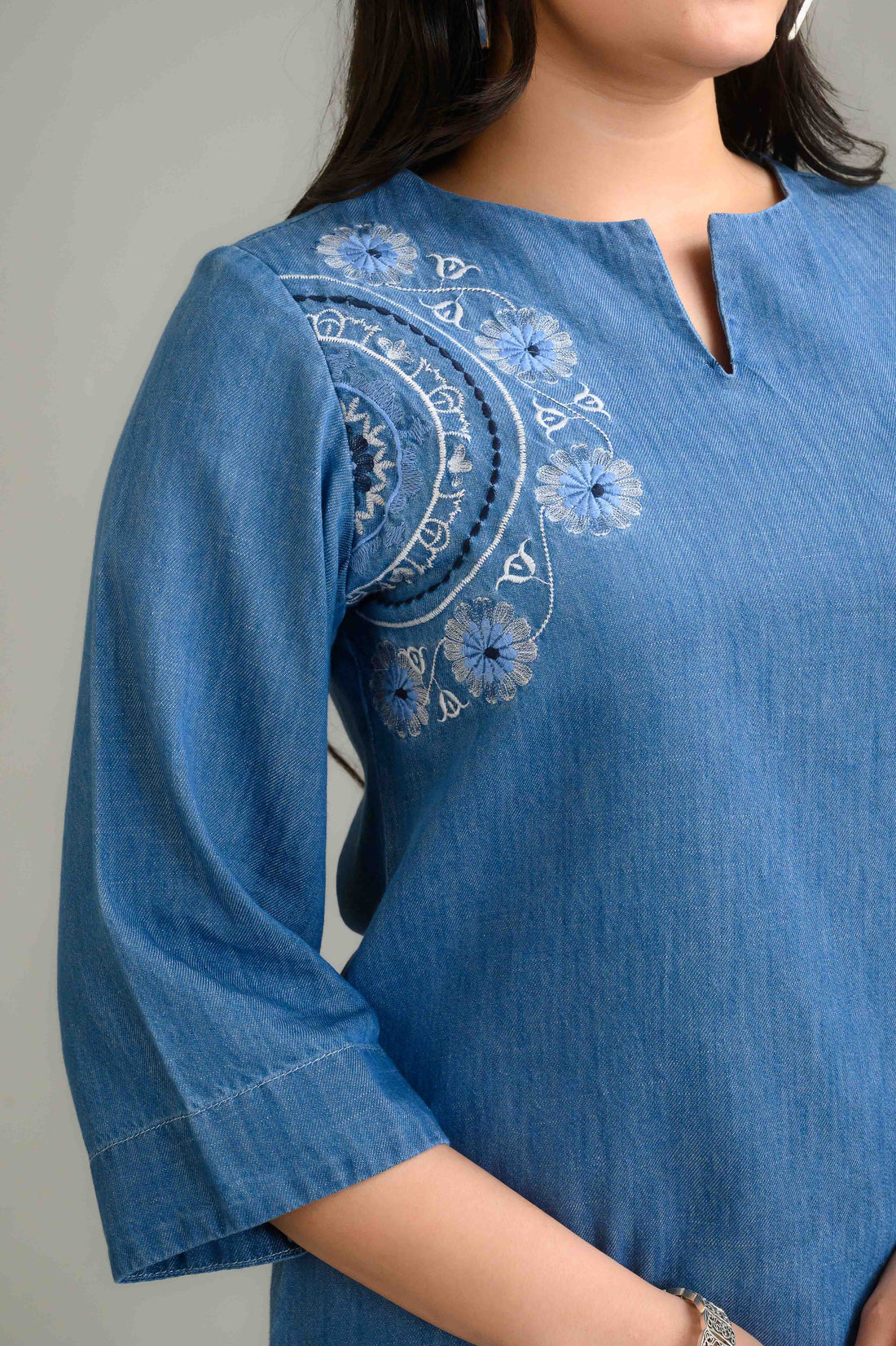 Half Circle Embroidered Denim Top - Etiquette Apparel 