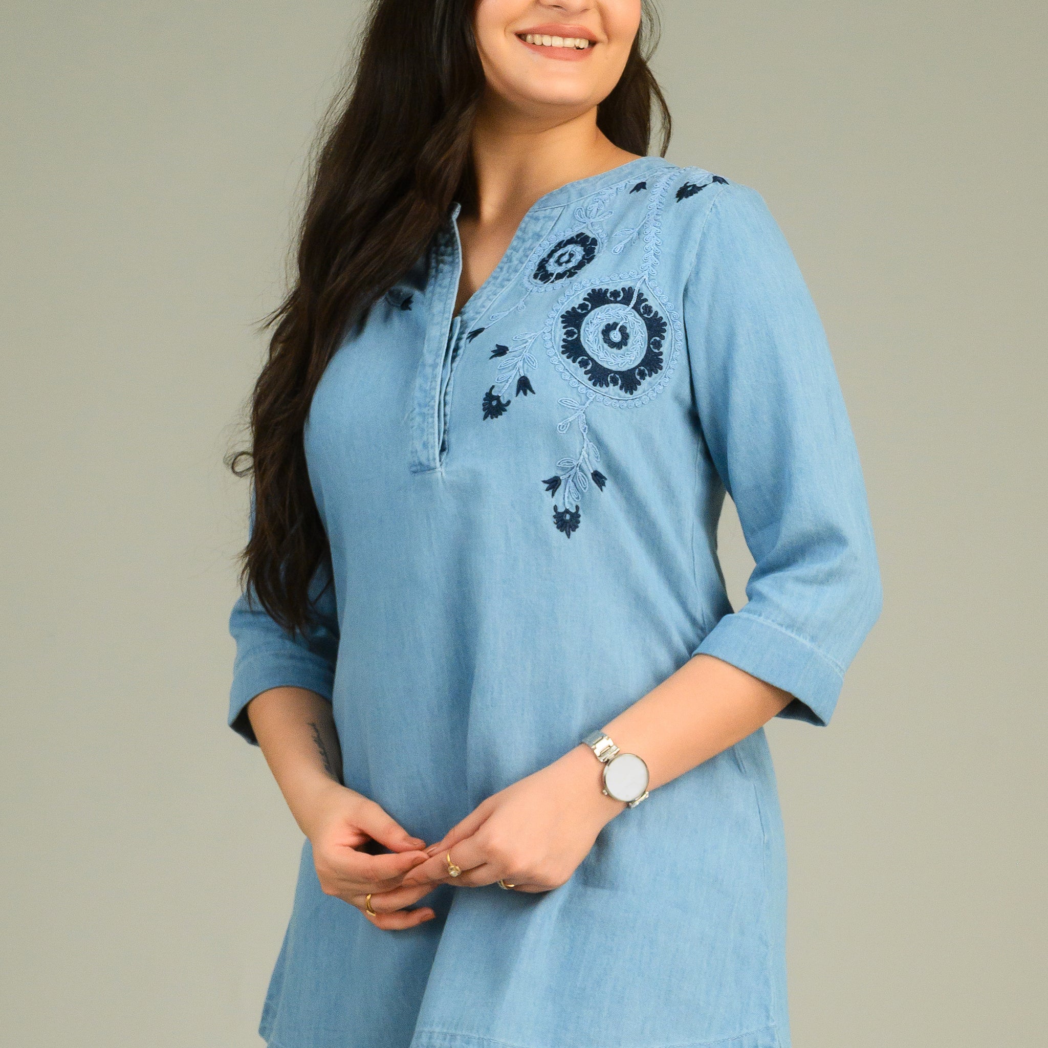 Woven Whispers Denim Top - Etiquette Apparel 