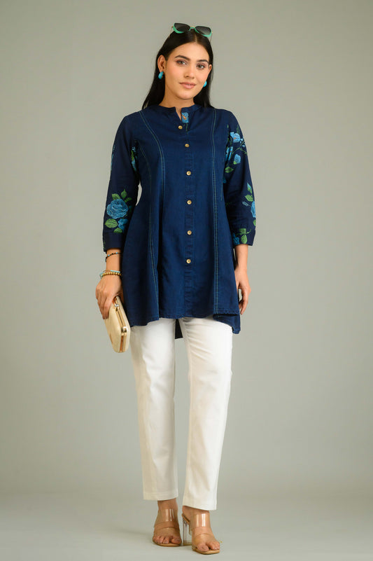 Handpainted Denim Sleeved Top - Etiquette Apparel