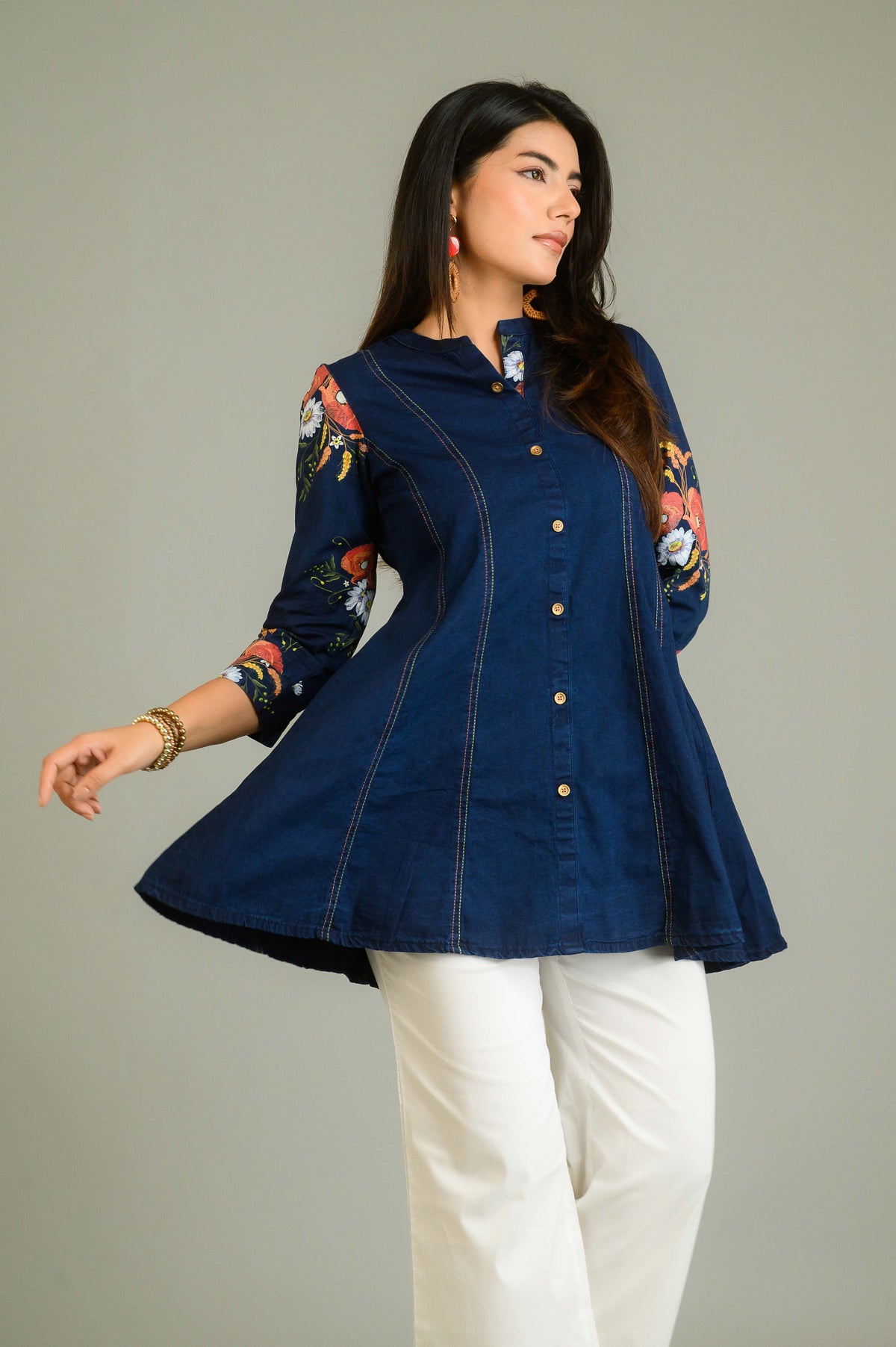 Handpainted Denim Sleeved Top - Etiquette Apparel