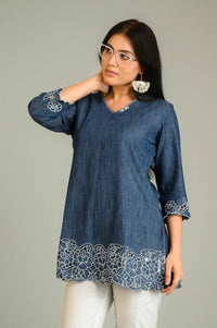 Luxe Denim Cutwork Embroidered Top - Etiquette Apparel