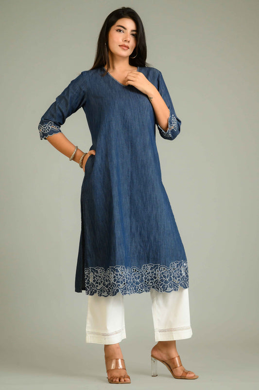 Statement Denim Cutwork Kurta - Etiquette Apparel