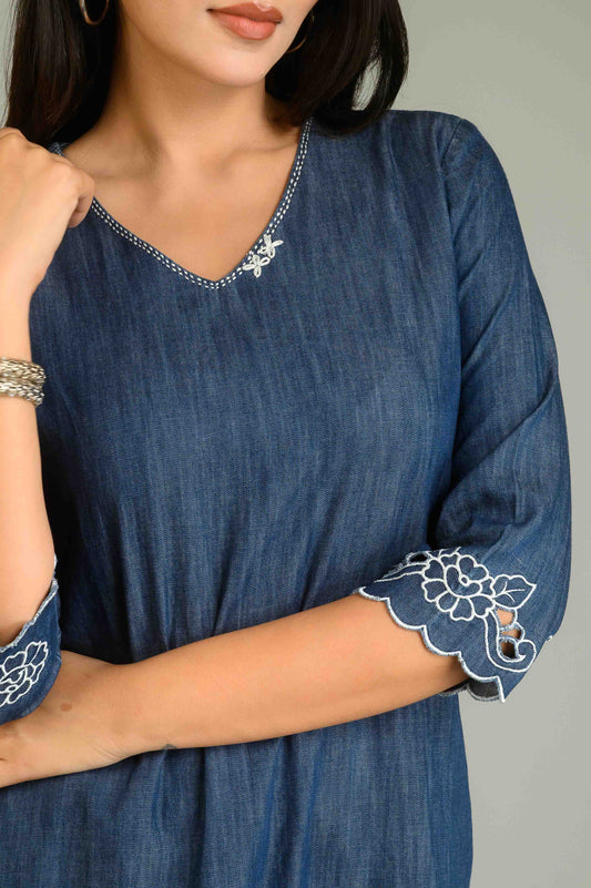 Statement Denim Cutwork Kurta - Etiquette Apparel