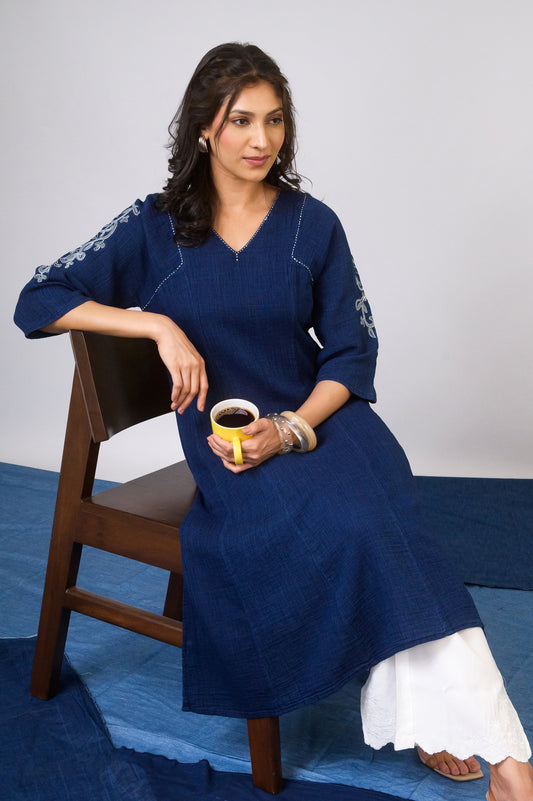 Crinkle-Finish double cloth Denim Kurta - Etiquette Apparel