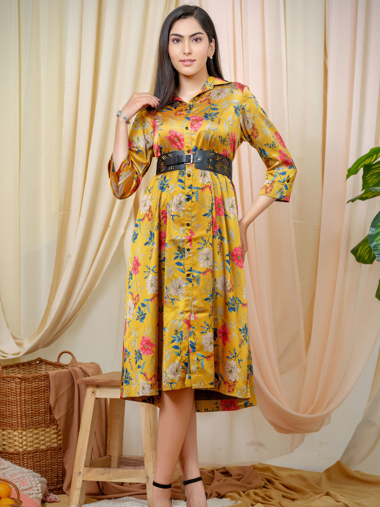 Floral Print Dress With Shirt Collar Etiquette Apparel