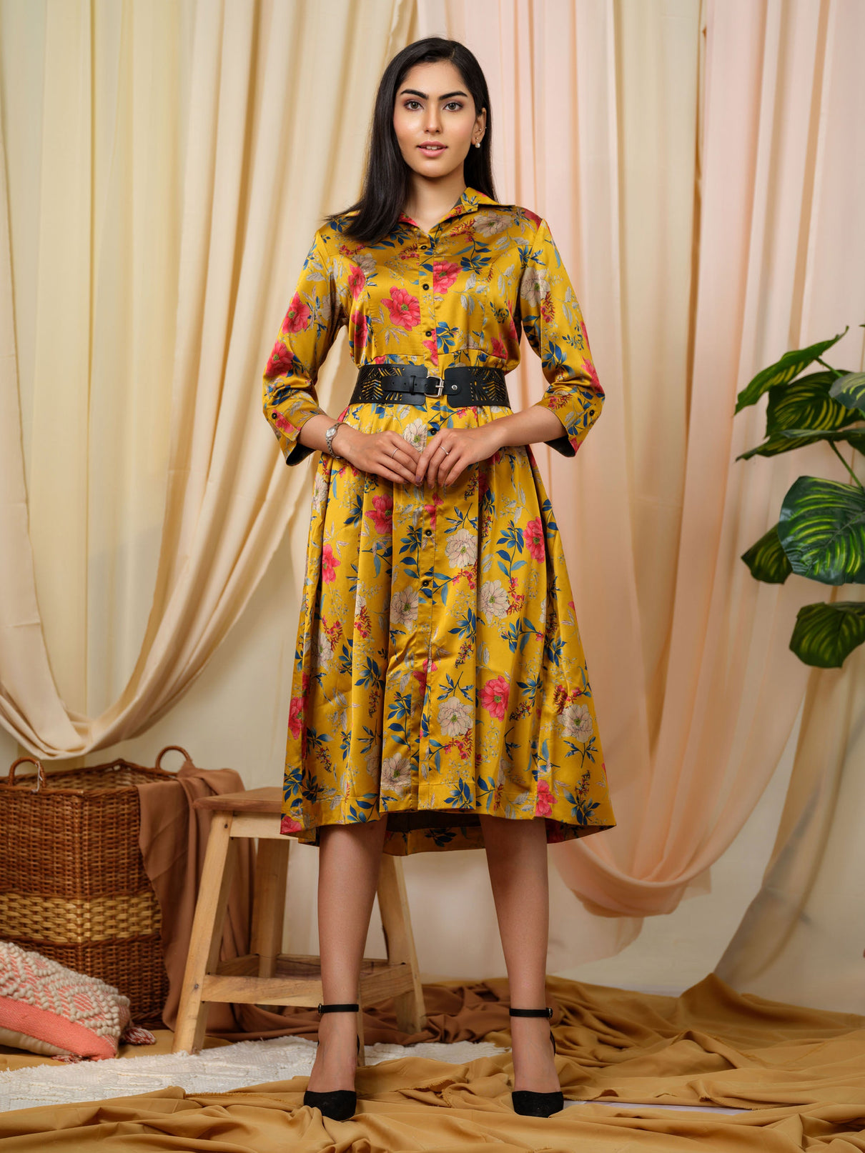 Floral Print Dress With Shirt Collar Etiquette Apparel