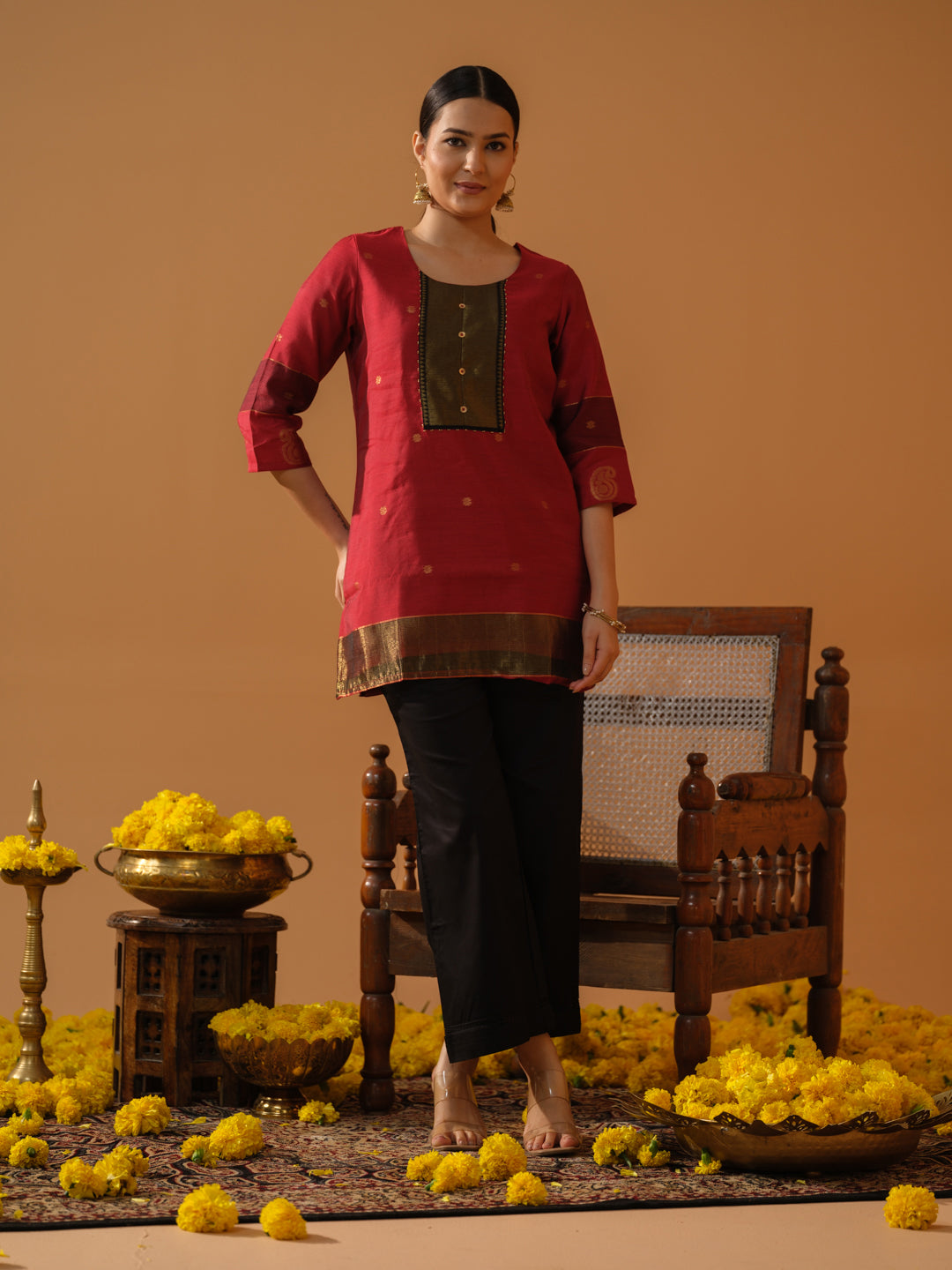 Maheshwari Border Top with Golden Bead Work