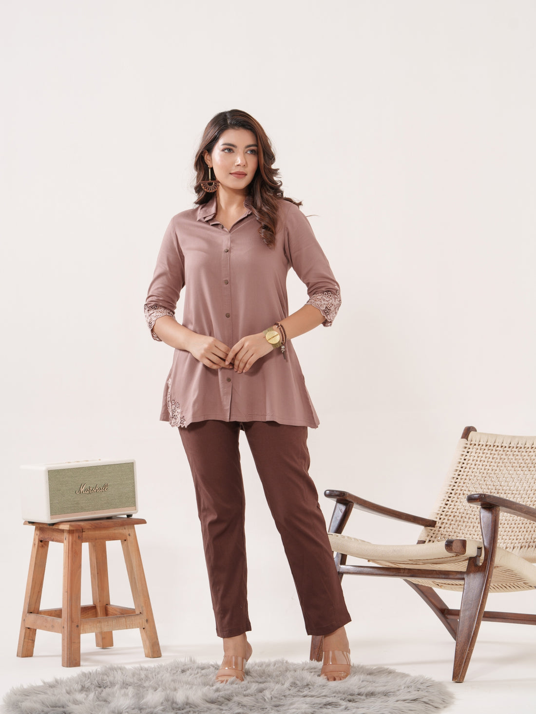 Solid Colored Top With Cutwork Embroidery in Front and Sleeves - Etiquette Apparel 