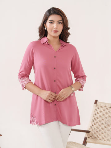 Solid Colored Top With Cutwork Embroidery Details in Hem and Sleeves