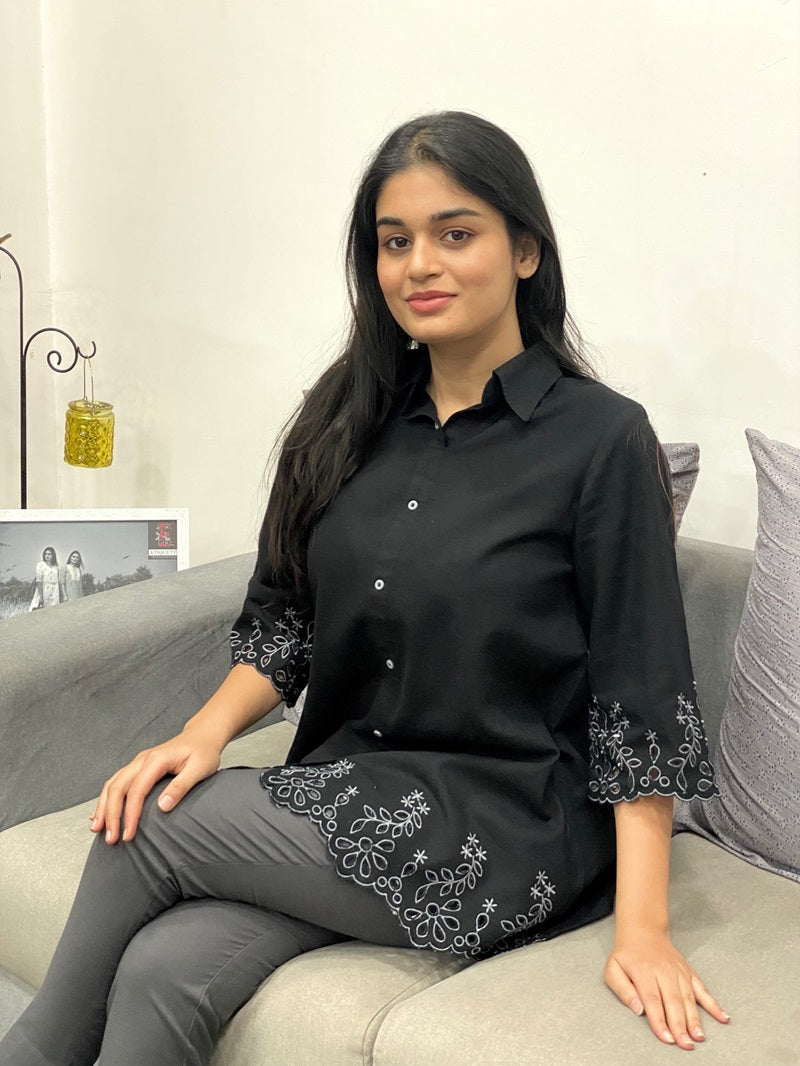 Shirt collar cotton top with cutwork embroidery - Etiquette Apparel