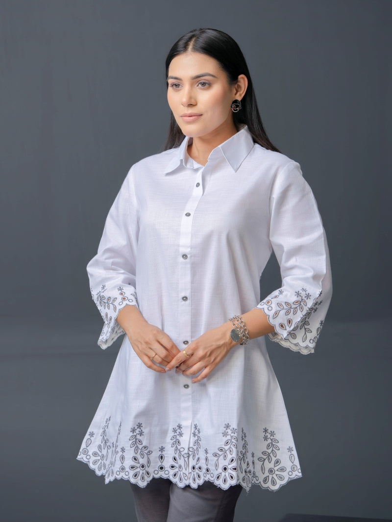 Shirt collar cotton top with cutwork embroidery