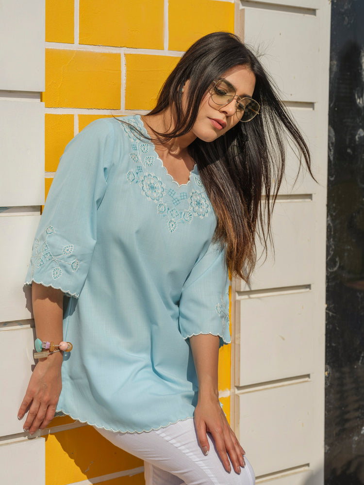 Scalloped Neck Embroidered Solid Colored Top