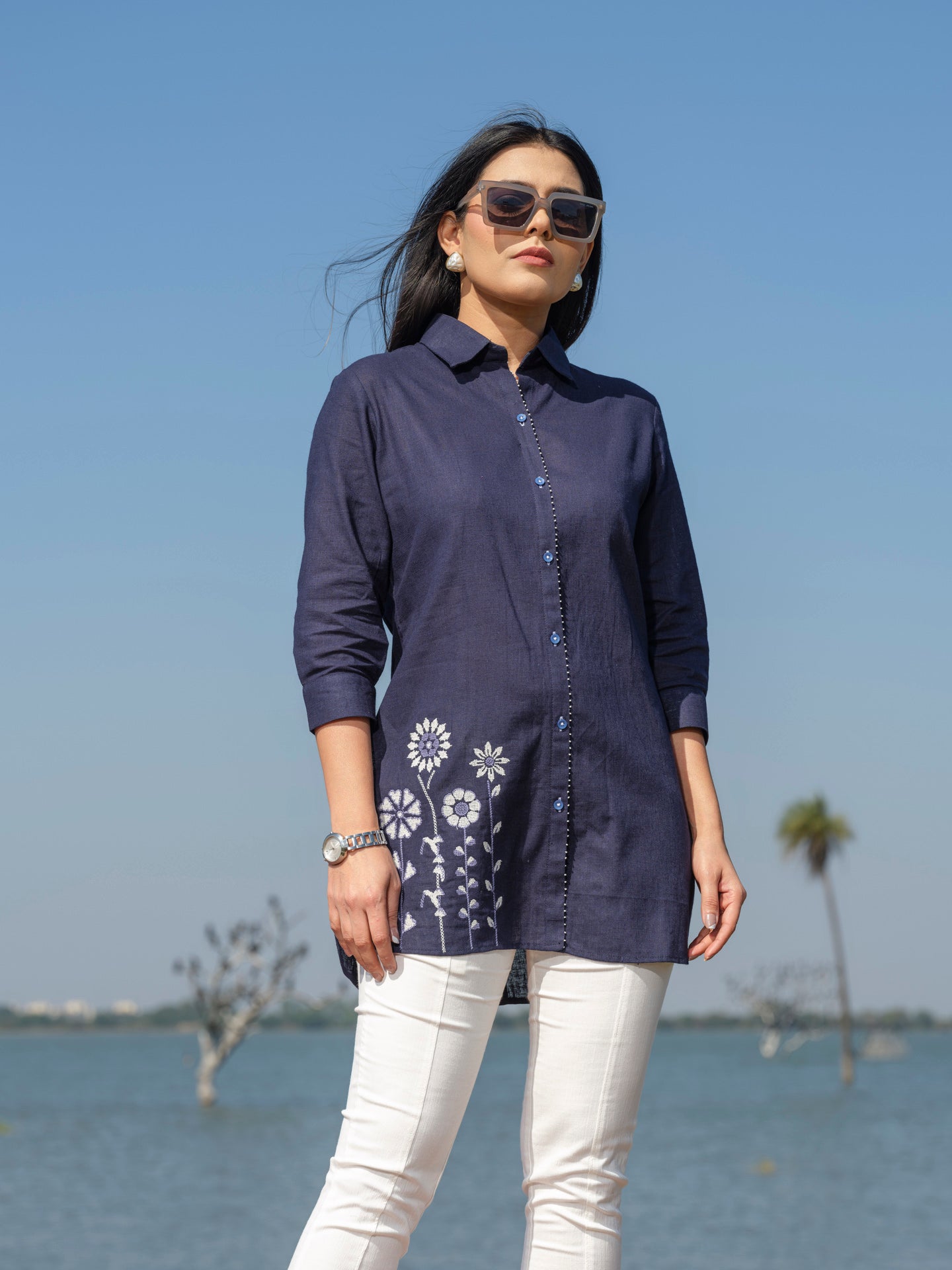 Plain top with cross stitch embroidery at bead work details - Etiquette Apparel