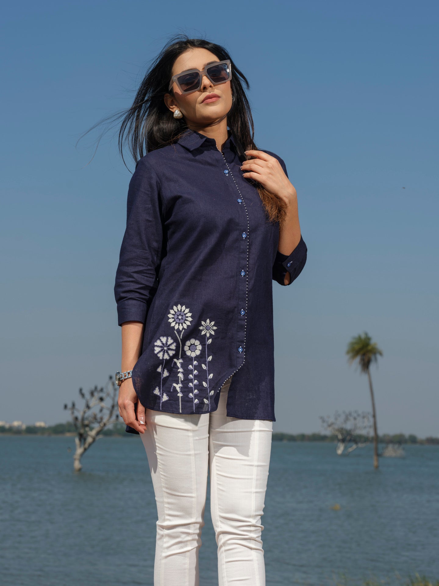 Plain top with cross stitch embroidery at bead work details - Etiquette Apparel