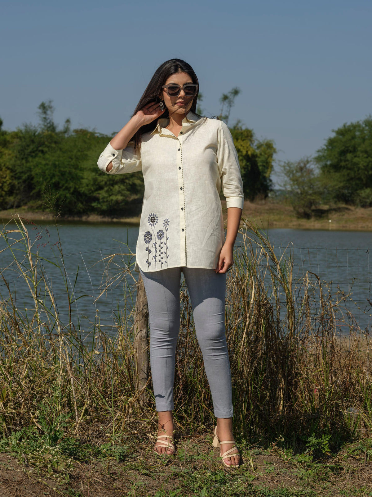 Plain top with cross stitch embroidery at bead work details - Etiquette Apparel