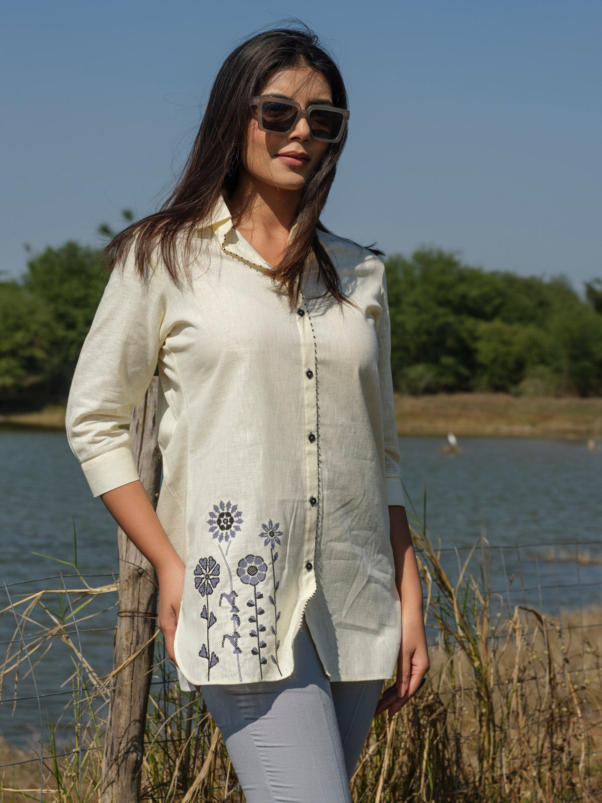 Plain top with cross stitch embroidery at bead work details - Etiquette Apparel