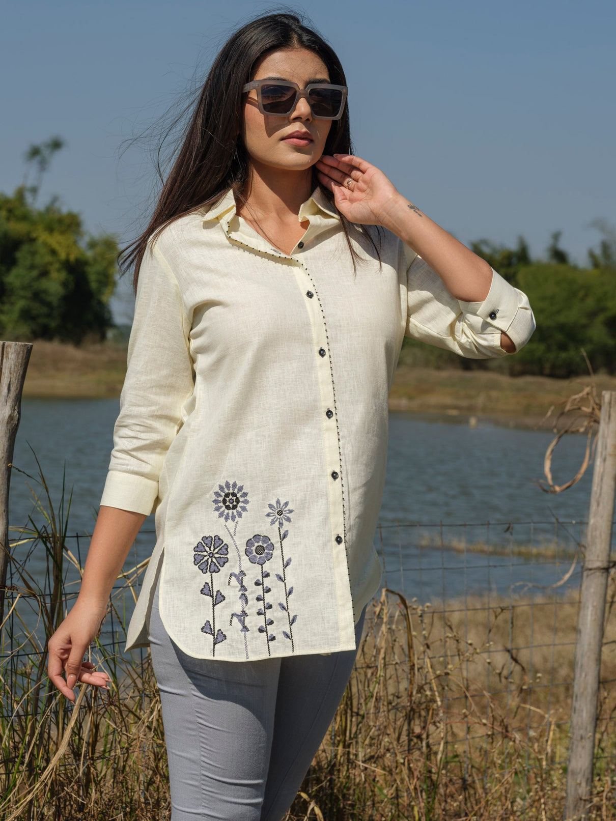 Plain Top with Cross Stitch Embroidery at Bead Work Details