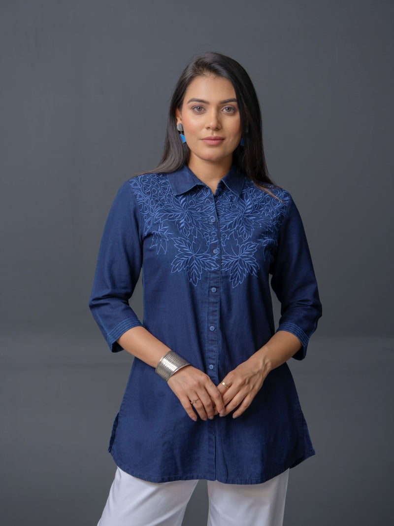 Product Carousel Image 2: Leafy Embroidered Denim Indigo Top