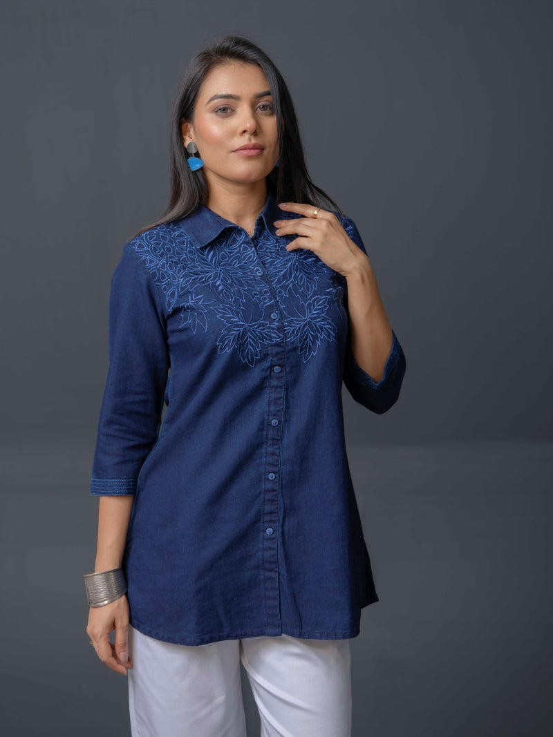 Product Carousel Image 4: Leafy Embroidered Denim Indigo Top