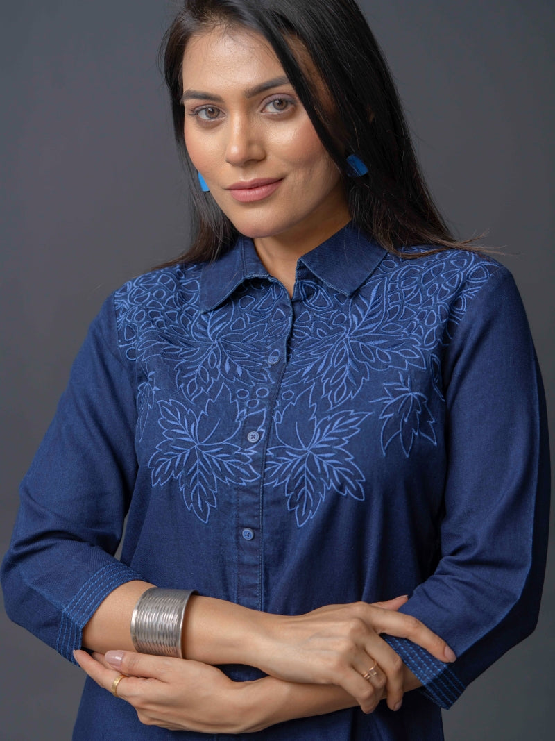 Leafy Embroidered Denim Indigo Top - Etiquette Apparel 