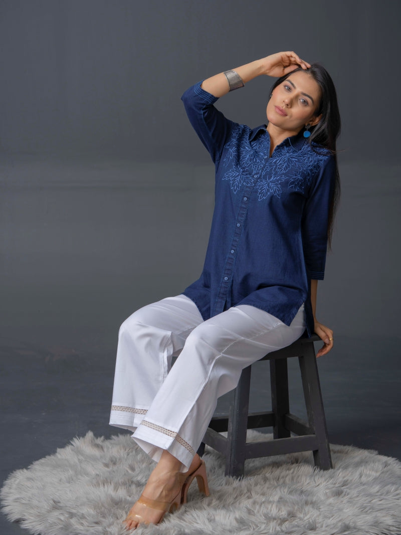 Product Carousel Image 6: Leafy Embroidered Denim Indigo Top