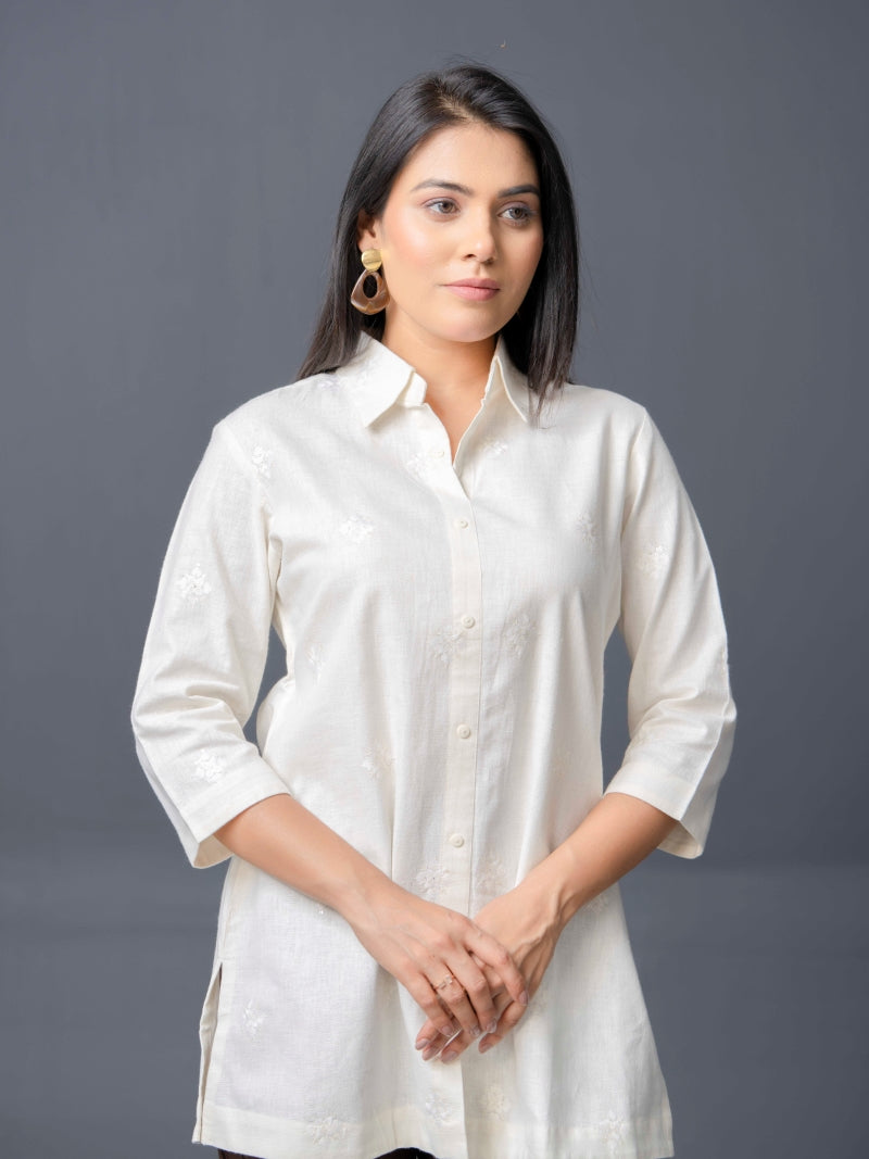Pristine off-white Self Embroidered Top - Etiquette Apparel