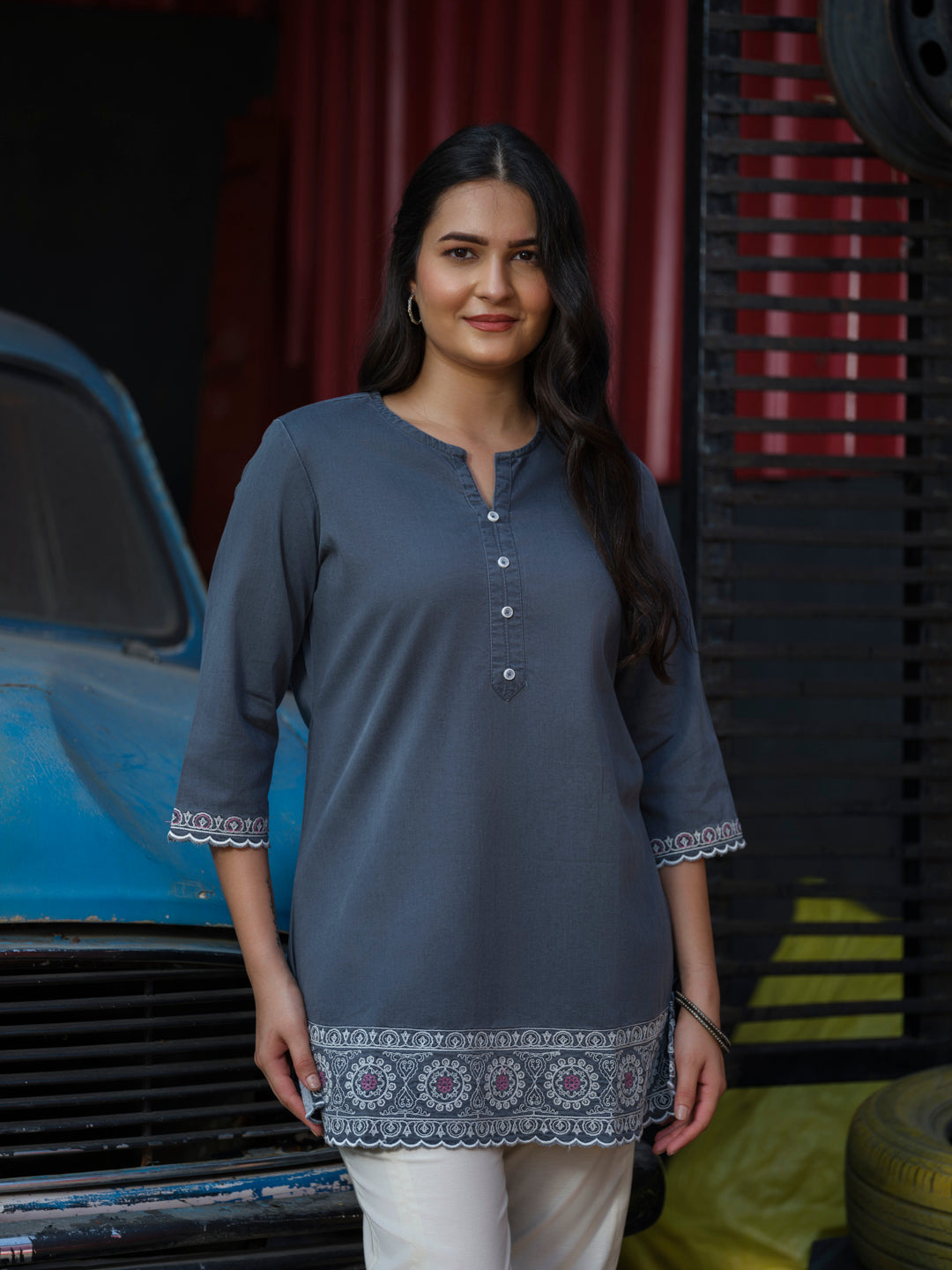Cotton Lycra Dori Detailed Embroidery Top - Etiquette Apparel 