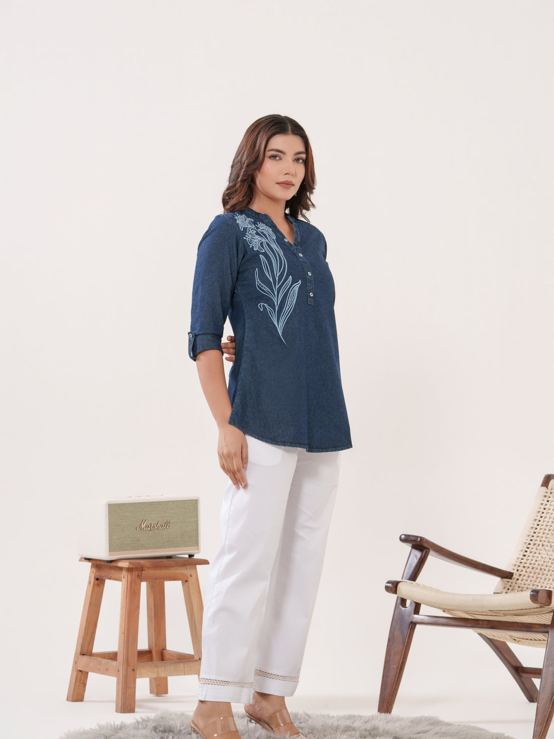 Indigo Embossed Embroidered Top - Etiquette Apparel