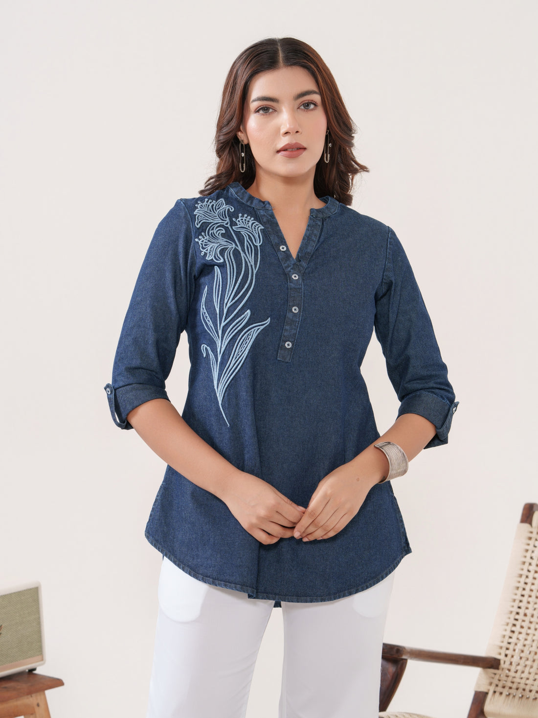 Indigo Embossed Embroidered Top - Etiquette Apparel 