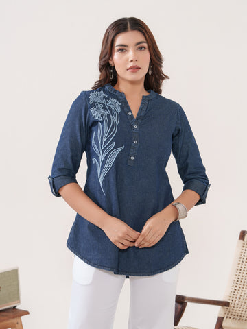 Indigo Embossed Embroidered Top - Etiquette Apparel 