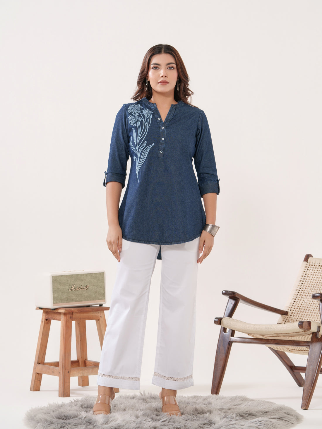 Indigo Embossed Embroidered Top - Etiquette Apparel 